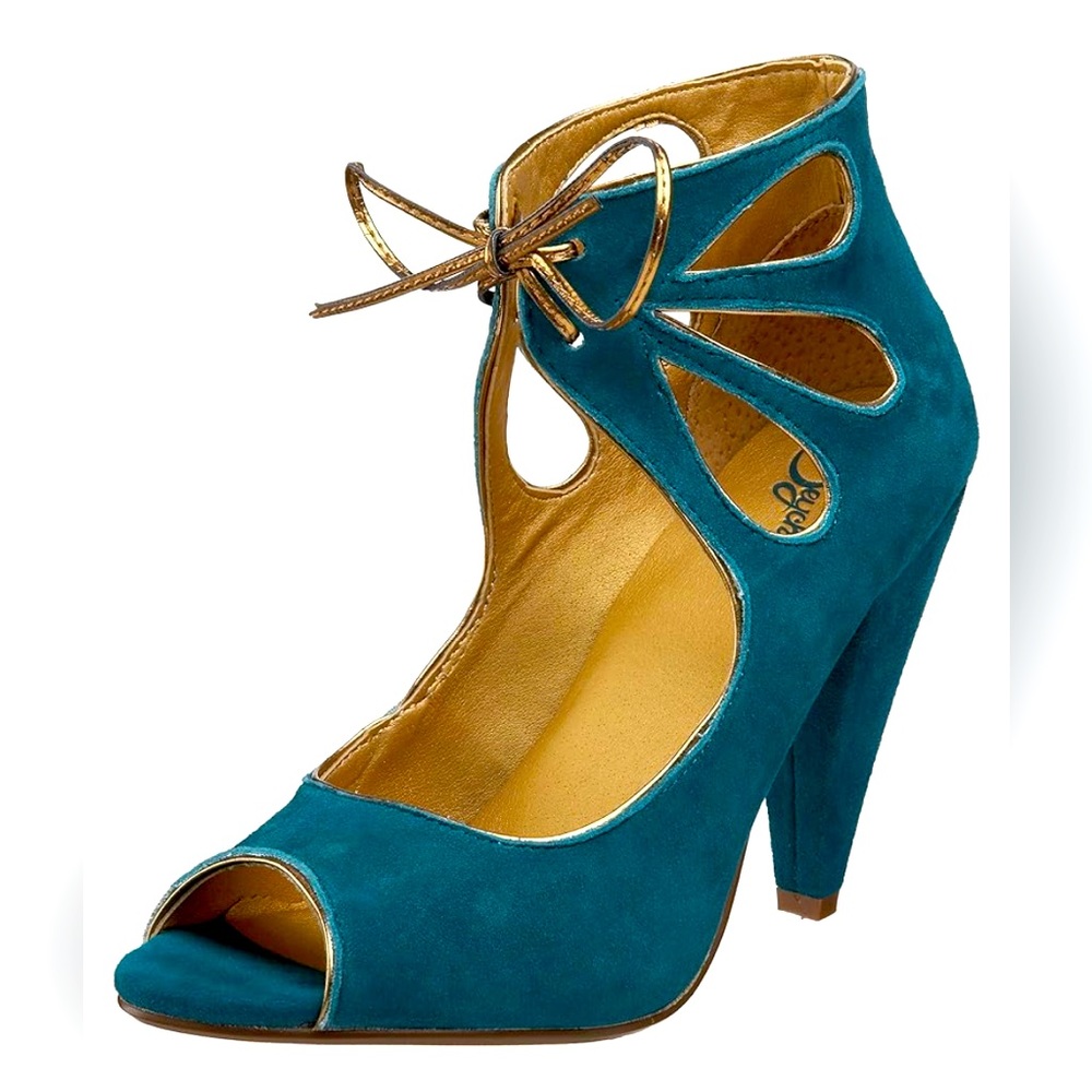 LIKE NEW Seychelles “Tippy Toes” teal suede lace-up heel with gold piping